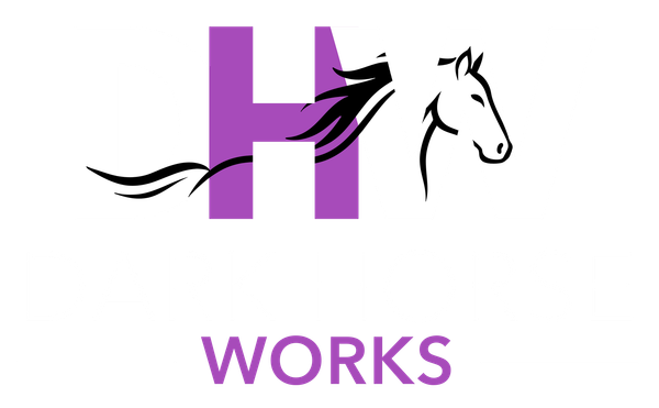 Purple “H” with a black horse head and mane; “WORKS” below in purple.
