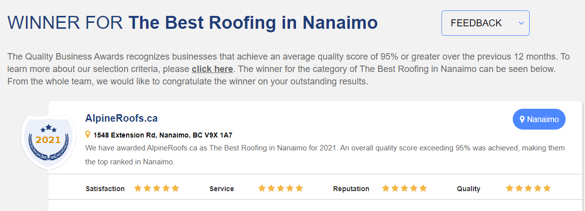 A screenshot of a website that says winner for the best roofing in nanaimo.