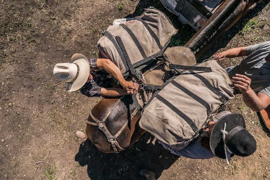 A man in a cowboy hat is carrying a large bag on the back of a donkey.
