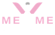 Pink “ME ME” text logo with abstract pink and gray shapes above it
