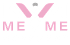 Pink “ME ME” text logo with abstract pink and gray shapes above it