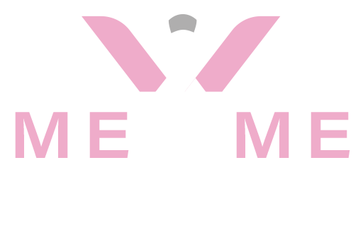 Pink “ME ME” text logo with abstract pink and gray shapes above it