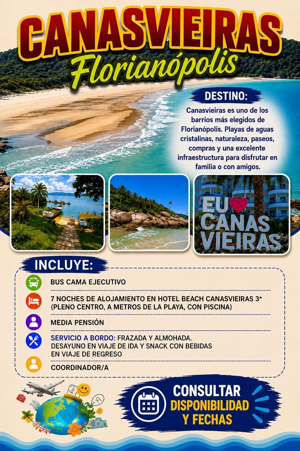 Cartel turístico a color de Canasvieiras, Florianópolis, que muestra la playa, la posada