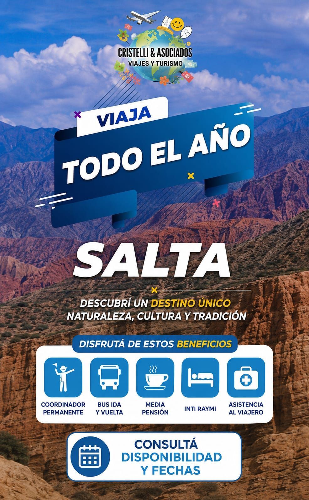 Cartel promocional de Salta, Argentina, con montañas, “Viajá todo el año” e iconos de descuento.