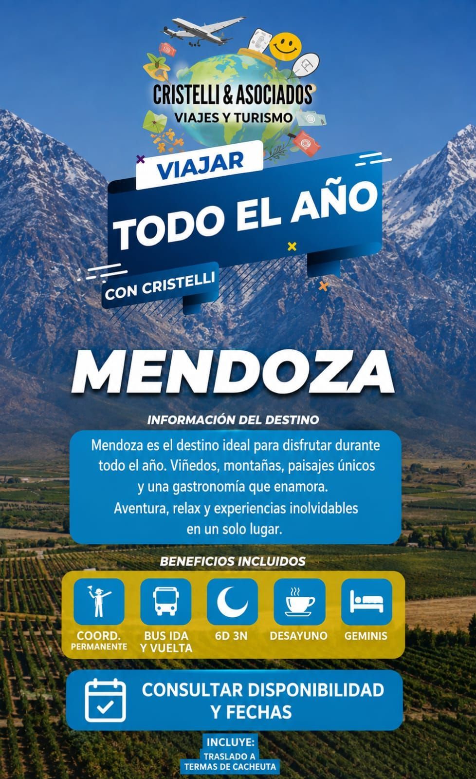 Cartel turístico turquesa de Mendoza que promociona viajes durante todo el año, con iconos e información para reservas.