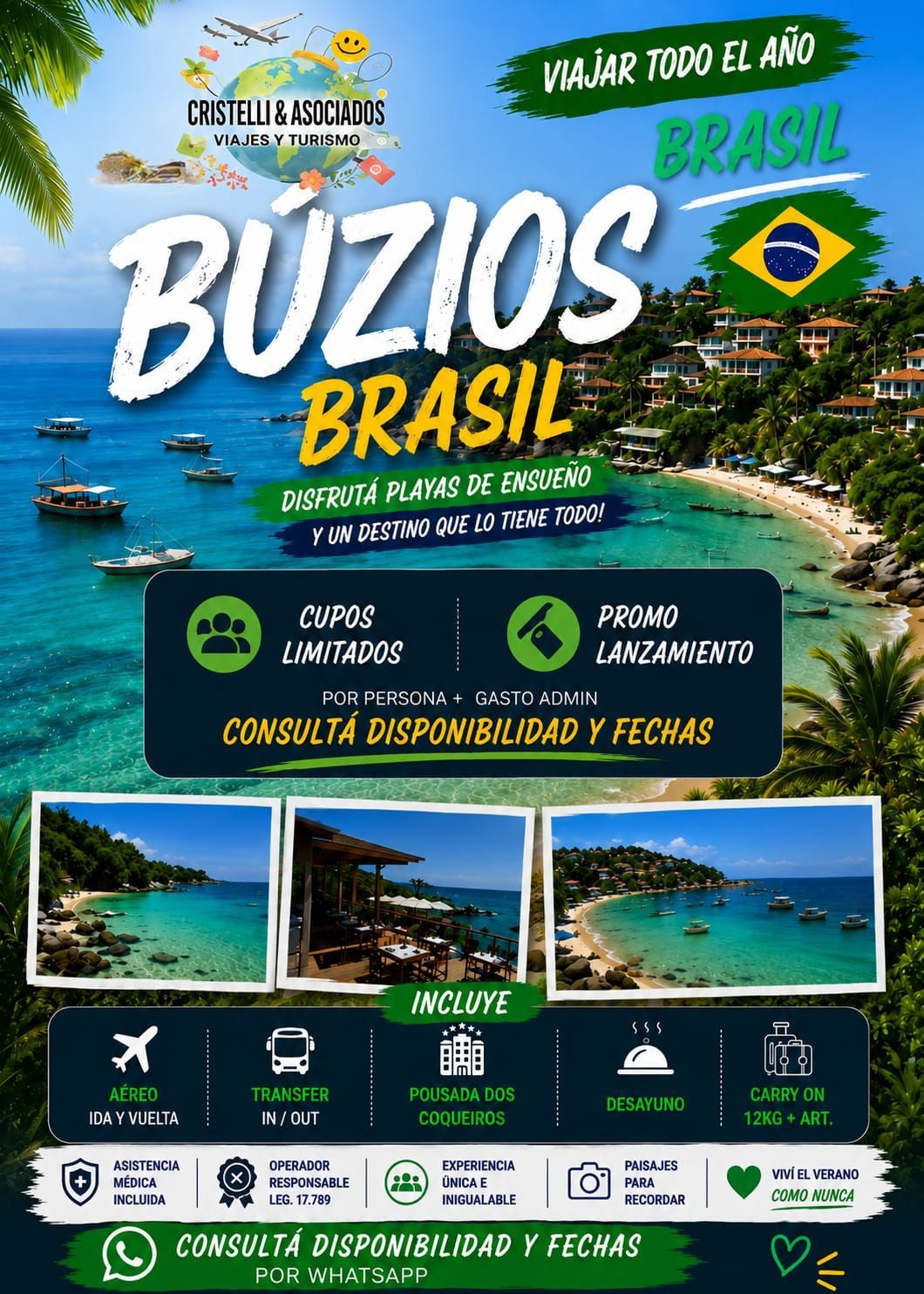 Anuncio turístico de Brasil con playa turquesa, horizonte de isla y gran título