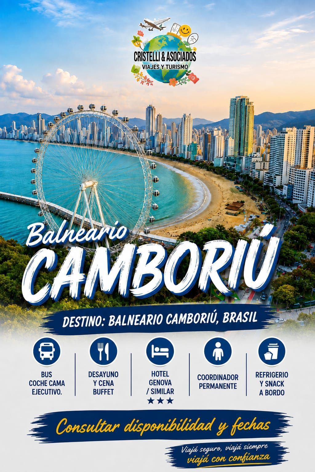 Cartel turístico de Balneário Camboriú con playa, horizonte y cielo azul, invitando a los visitantes a consultar