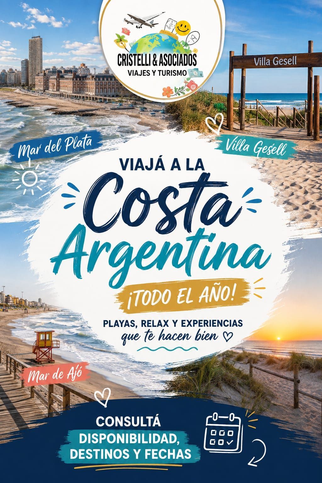 Anuncio turístico de Costa Argentina con vistas a la playa y texto que promociona viajes de verano y consultas