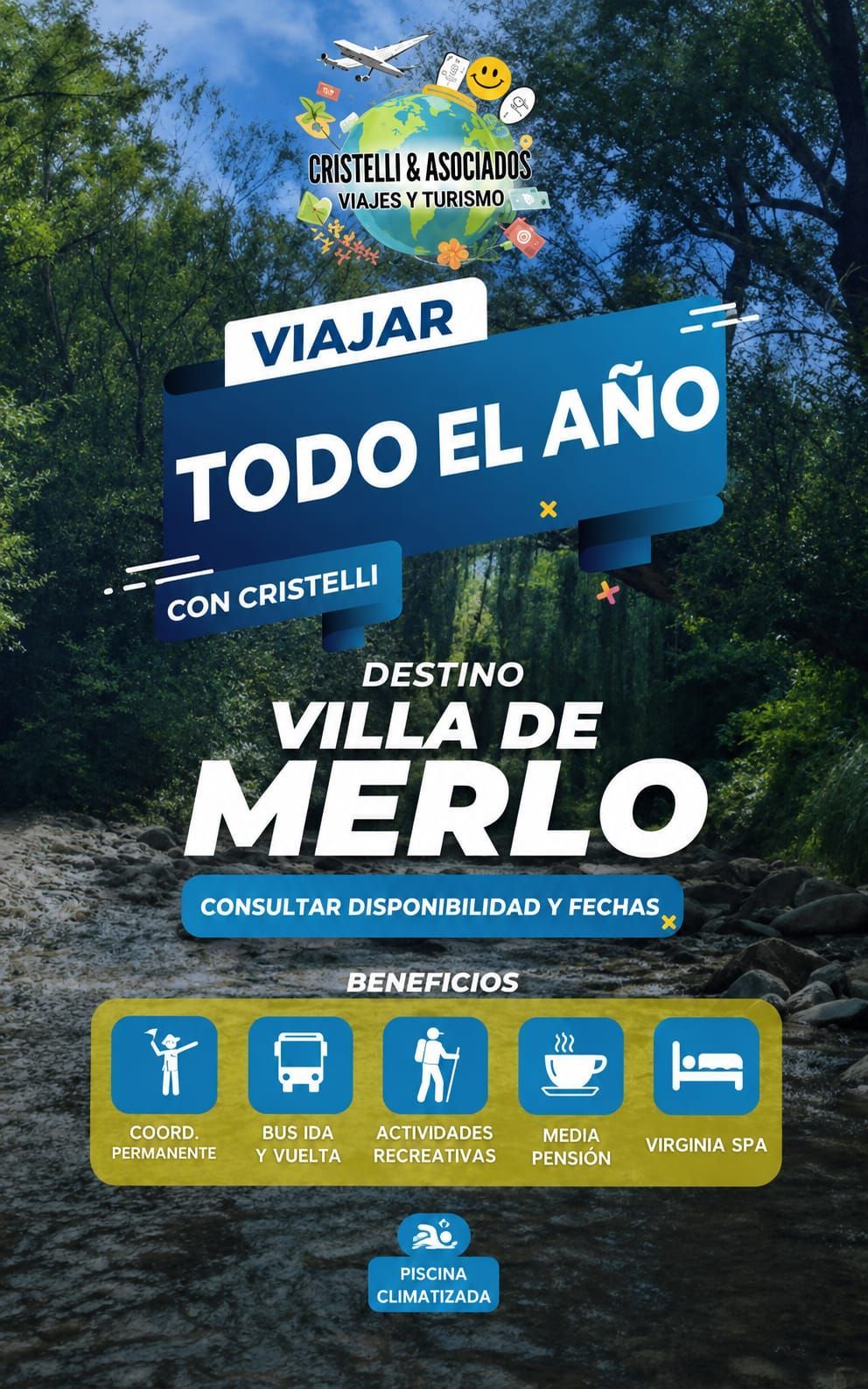 Afiche turístico azul y verde: “Viajar todo el año” a Villa de Merlo, con íconos de servicios abajo.
