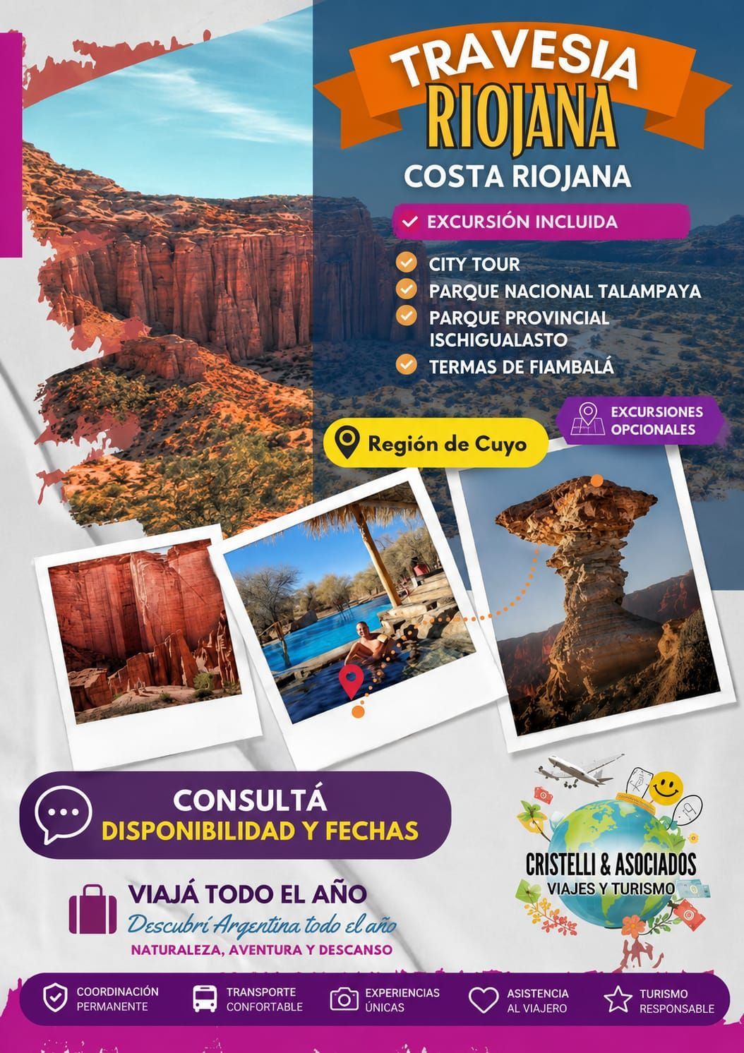 Cartel turístico de Travesía Riolana, Costa Riolana, con fotos de rafting, kayak, tirolina y cañones panorámicos.