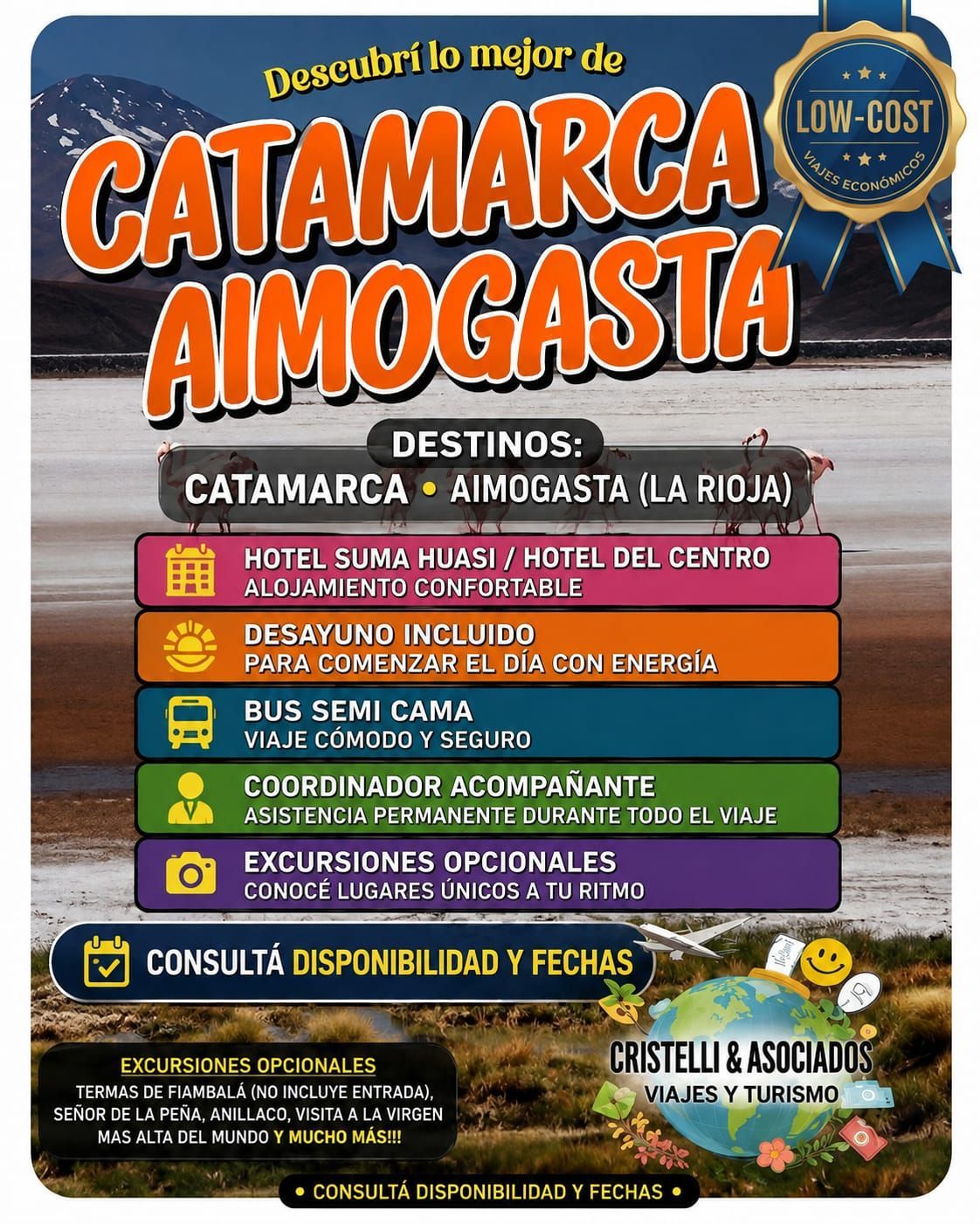 Cartel promocional de un viaje en catamarán de bajo coste a Aymogasta, Catamarca, con itinerario y detalles de reserva.