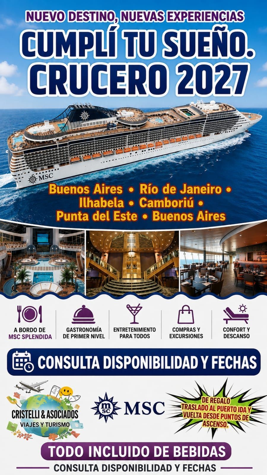 Crucero 2027 promocional con barco, destinos Caribe y Buenos Aires, y texto sobre bebidas incluidas.