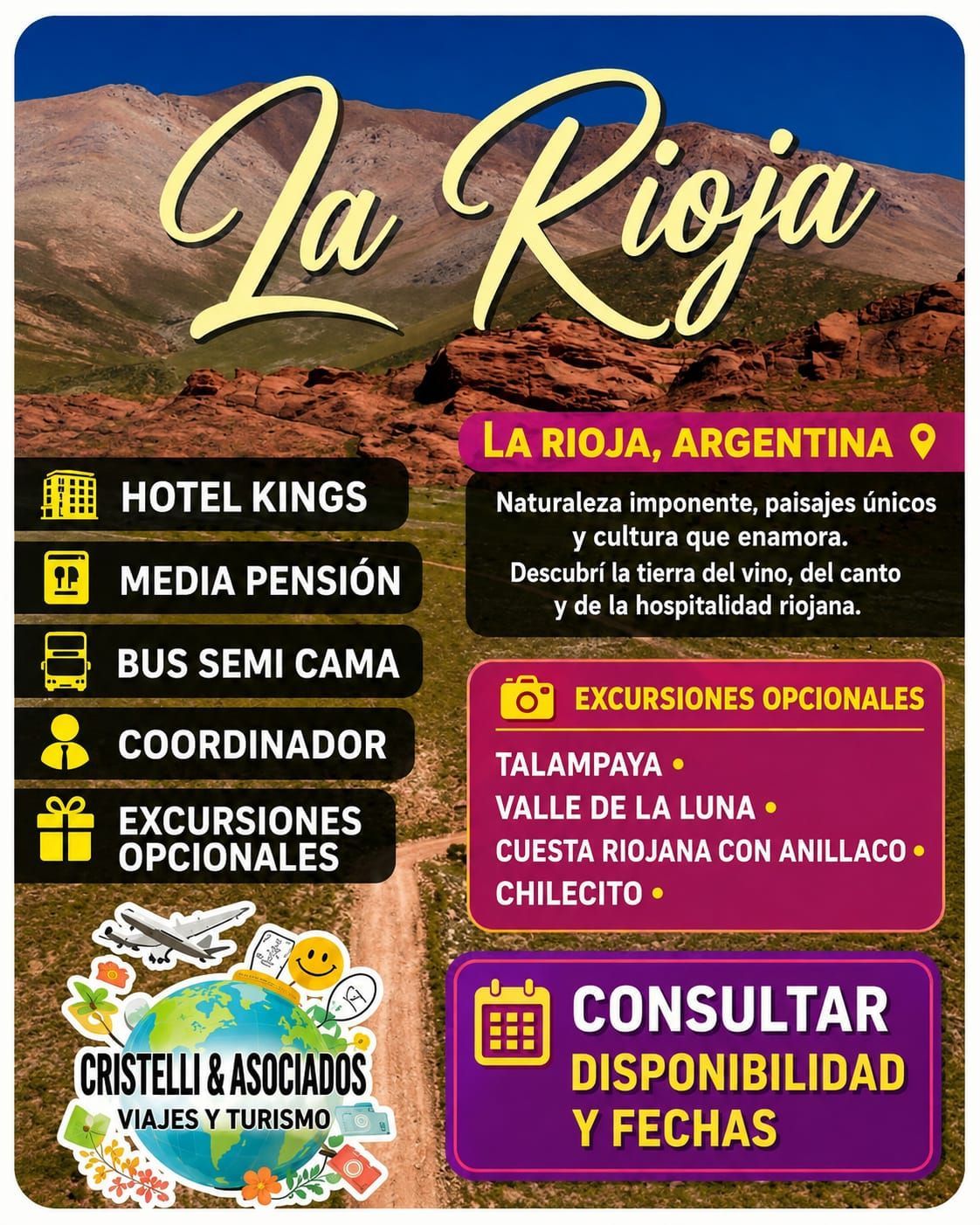Anuncio turístico de La Rioja, Argentina, con iconos de hotel, excursiones, autobús y disponibilidad