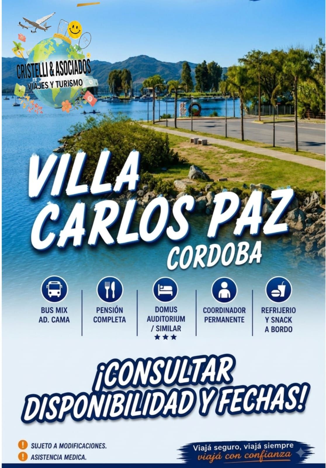 Villa Carlos Paz, Córdoba vacation rental ad with lakeside view and “¡Consultar disponibilidad y fechas!” text