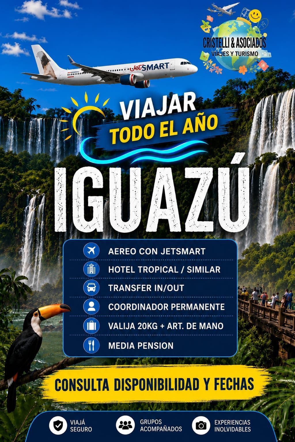 Viaje todo el año a Iguazú: avión, cascadas y tucán, con lista de servicios y consulta de disponibilidad.