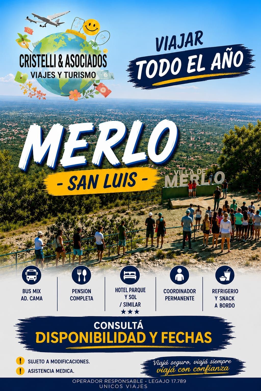 Cartel promocional para el turismo de Merlo, San Luis, con montañas, cielo azul, iconos de viaje y fechas.