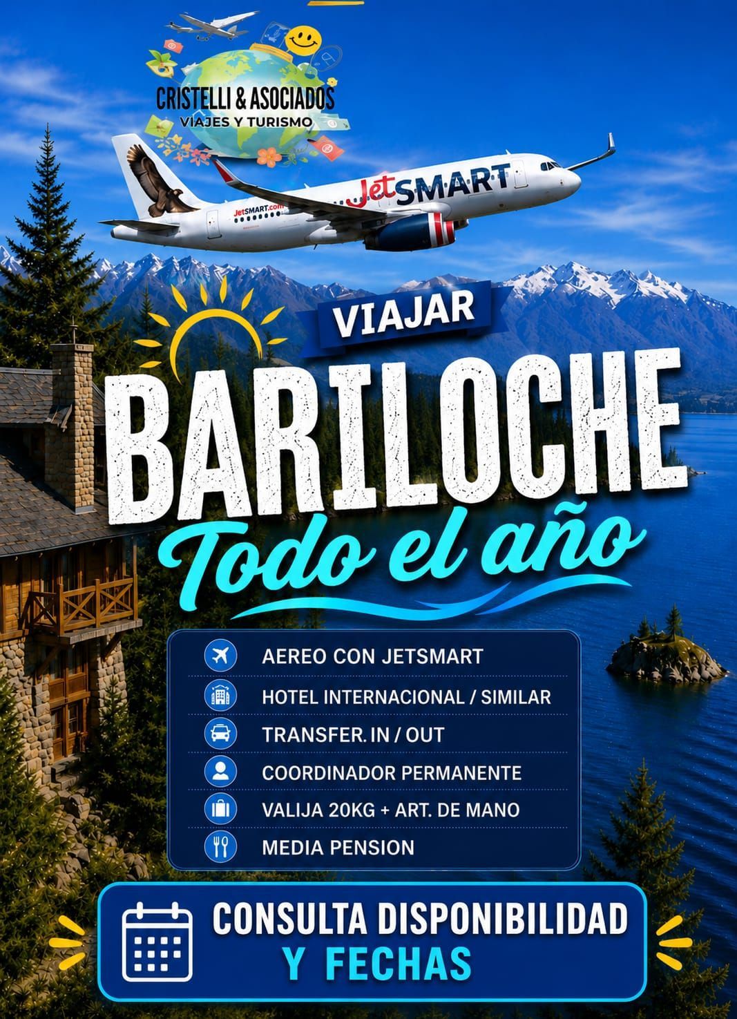 Promo de viaje a Bariloche con avión, montañas nevadas y texto “Todo el año” y “Consulta disponibilidad y fechas”