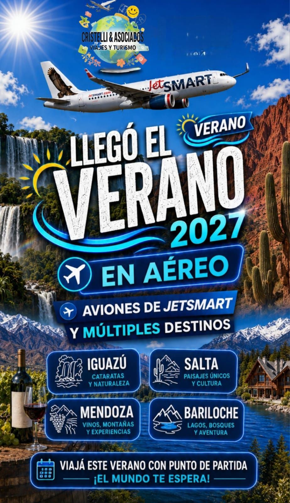 Cartel promocional de un avión Smart volando bajo un cielo azul, anunciando “Llegó el verano 2027 en aéreo” con destinos.