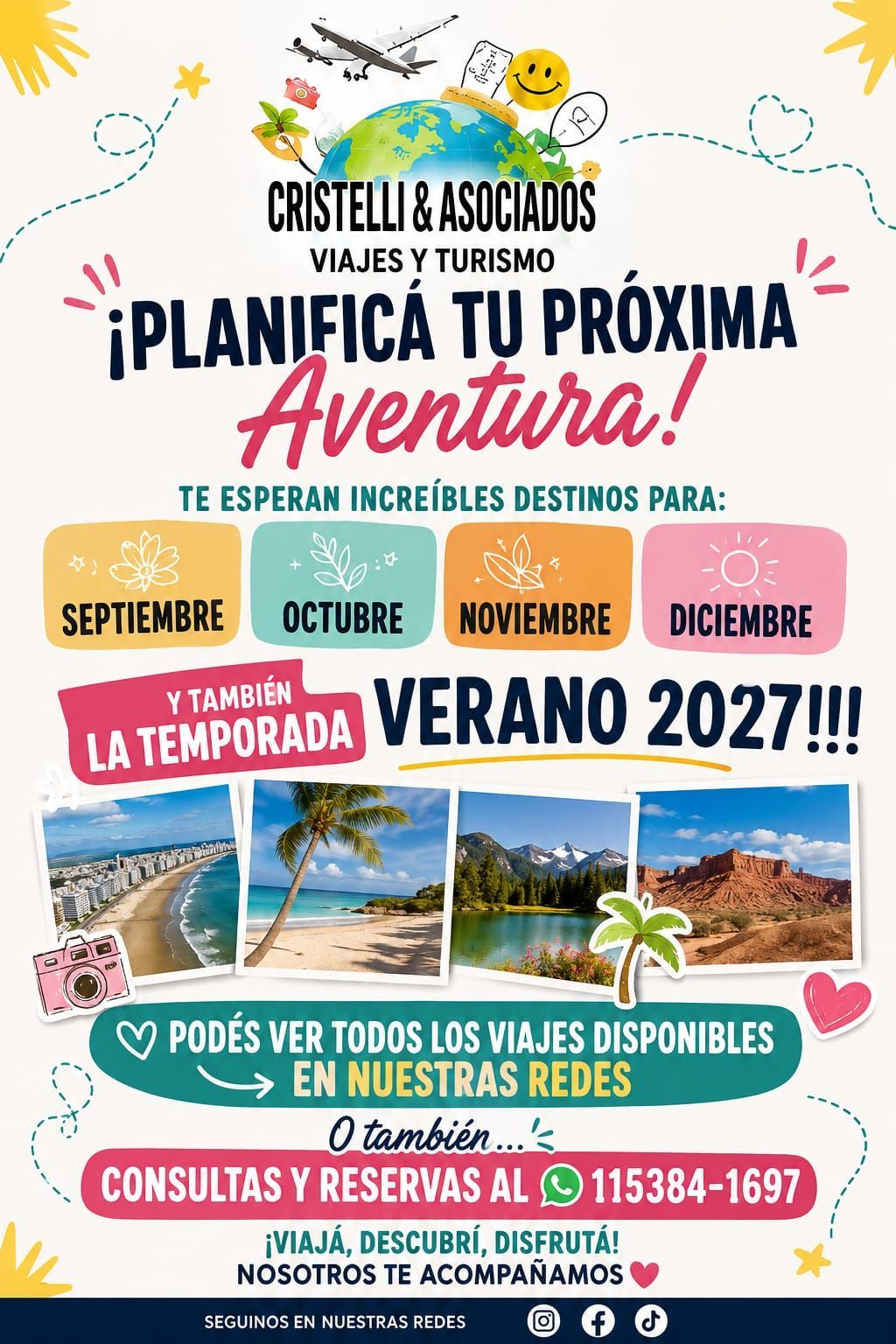 Cartel promocional de viajes en color turquesa de Cristell & Asociados con el lema