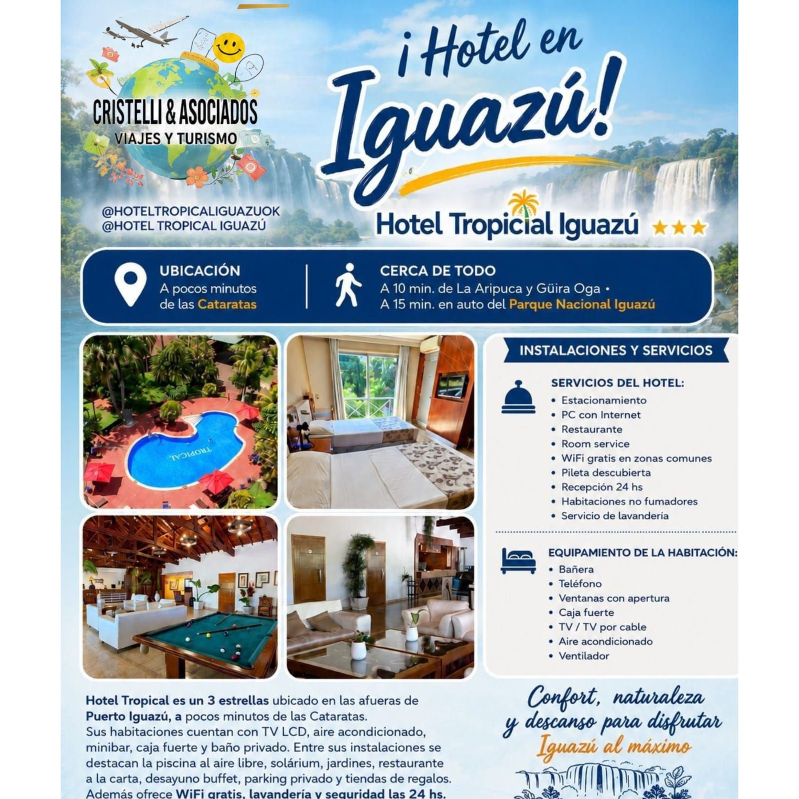 Anuncio del Hotel Tropical Iguazú con piscina, habitaciones, restaurante y diseño panorámico inspirado en cascadas.