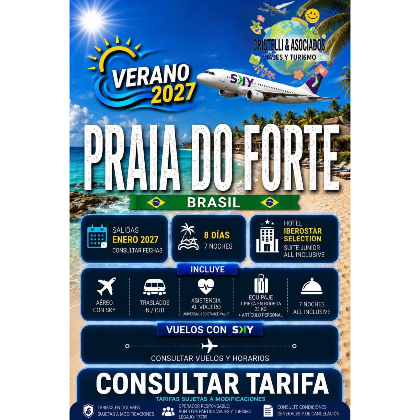 Cartel promocional de Praia do Forte, Brasil, con paisaje de playa azul y detalles de la oferta de vuelos
