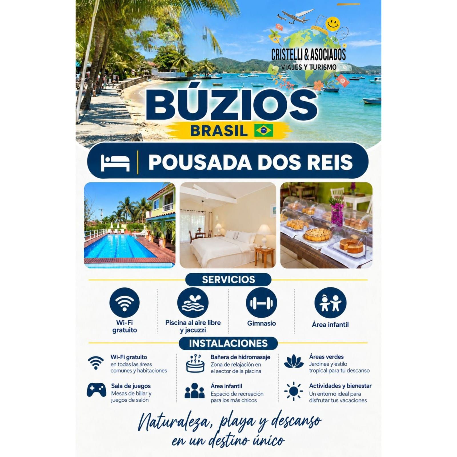 Anuncio de hotel en Búzios Brasil para Pousada dos Reis, con íconos de piscina, habitación, desayuno y amenidades