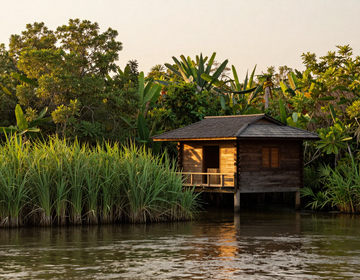 Cabaña de madera a orillas del río, junto a altos juncos, rodeada de exuberantes árboles tropicales al atardecer.