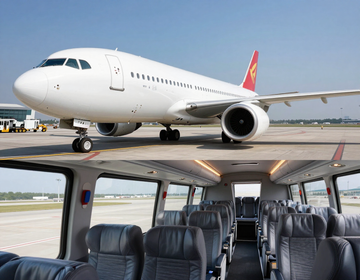 Avión de pasajeros blanco en la pista de aterrizaje (arriba), con una espaciosa cabina de cuero negro (abajo).