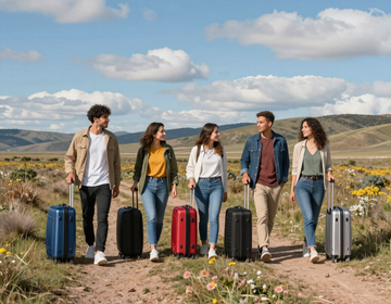 Cinco viajeros de pie en un camino de tierra con colinas onduladas, cada uno junto a una maleta colorida