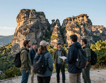 Grupo de excursionistas conversando en un sendero con un guía, con acantilados rocosos y vegetación al fondo, al atardecer.
