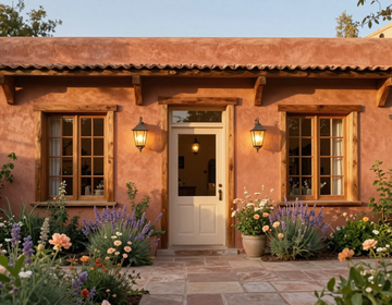 Cabaña rústica de estuco con contraventanas de madera, puerta blanca, faroles y macizos de flores en flor en la entrada.