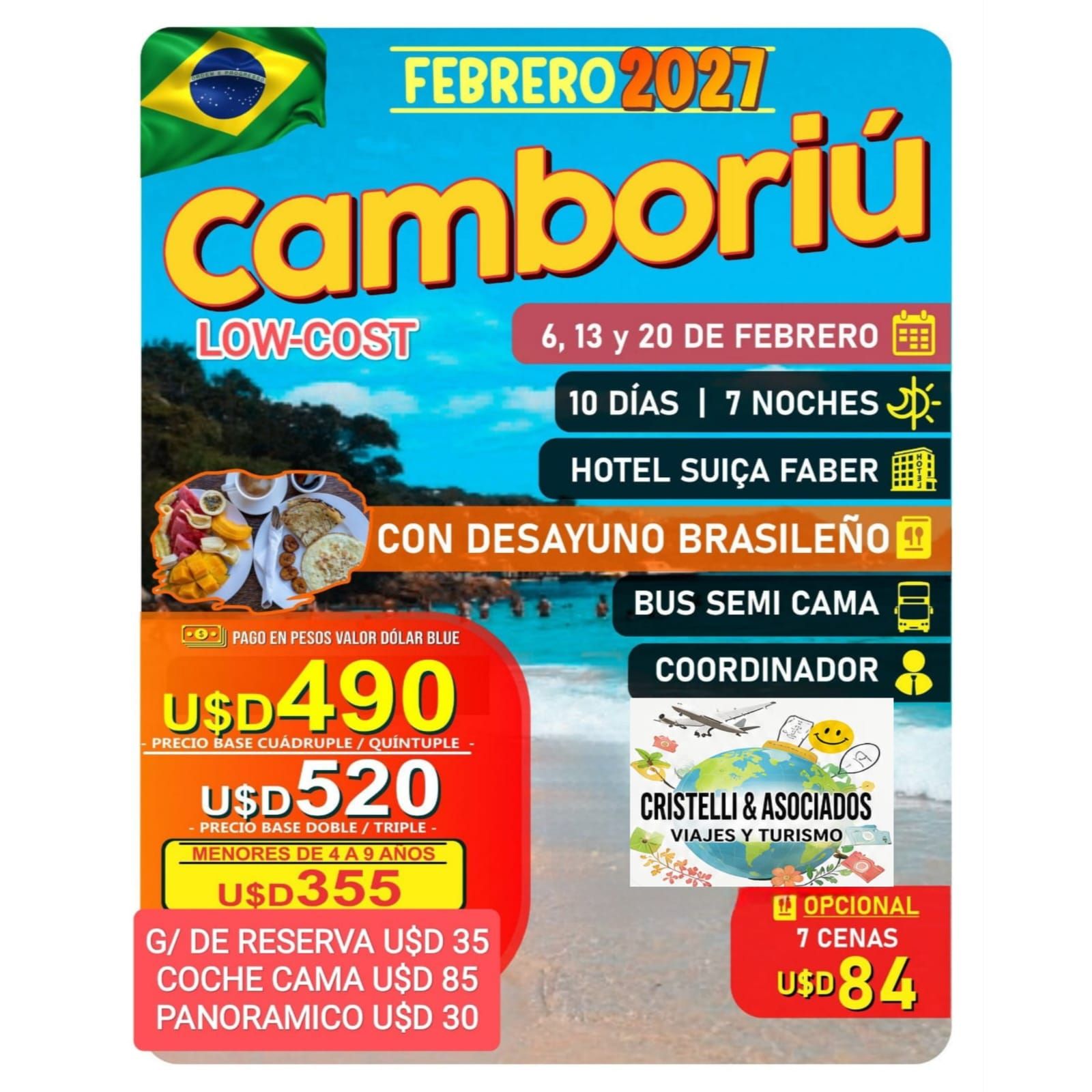 Cartel turístico de Balneário Camboriú con playa, horizonte y cielo azul, invitando a los visitantes a consultar