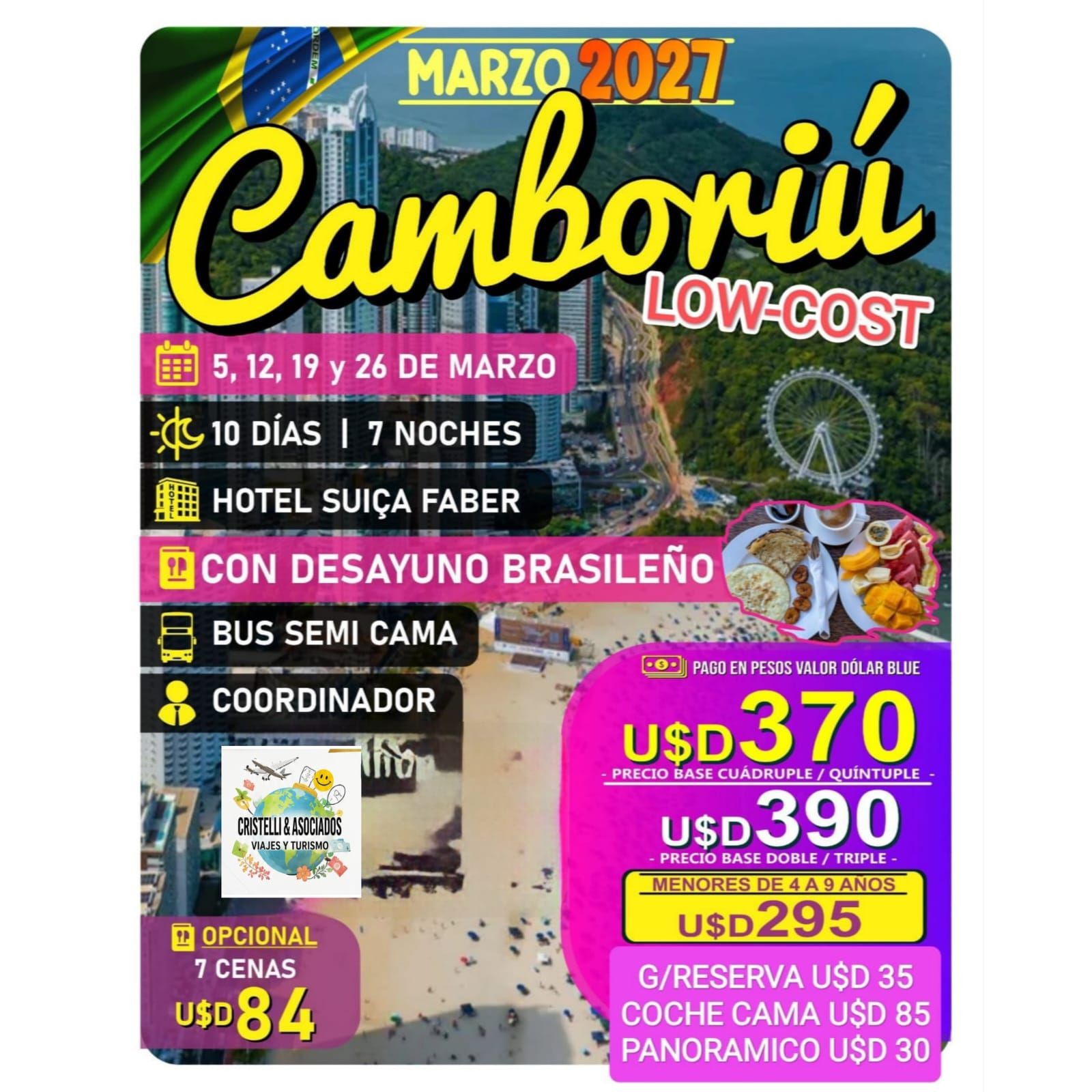 Cartel turístico a color de Canasvieiras, Florianópolis, que muestra la playa, la posada
