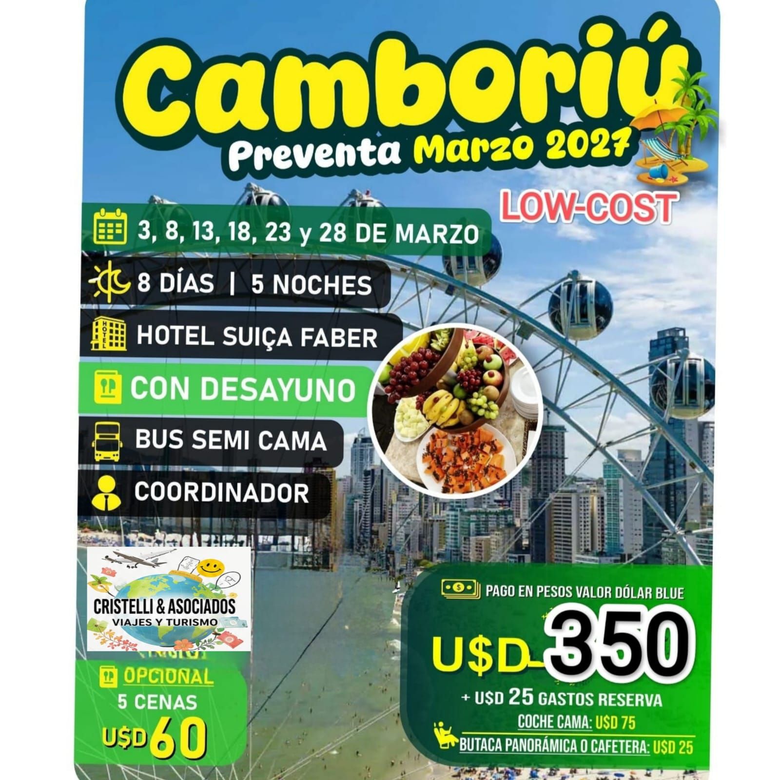 Afiche turístico azul y verde: “Viajar todo el año” a Villa de Merlo, con íconos de servicios abajo.