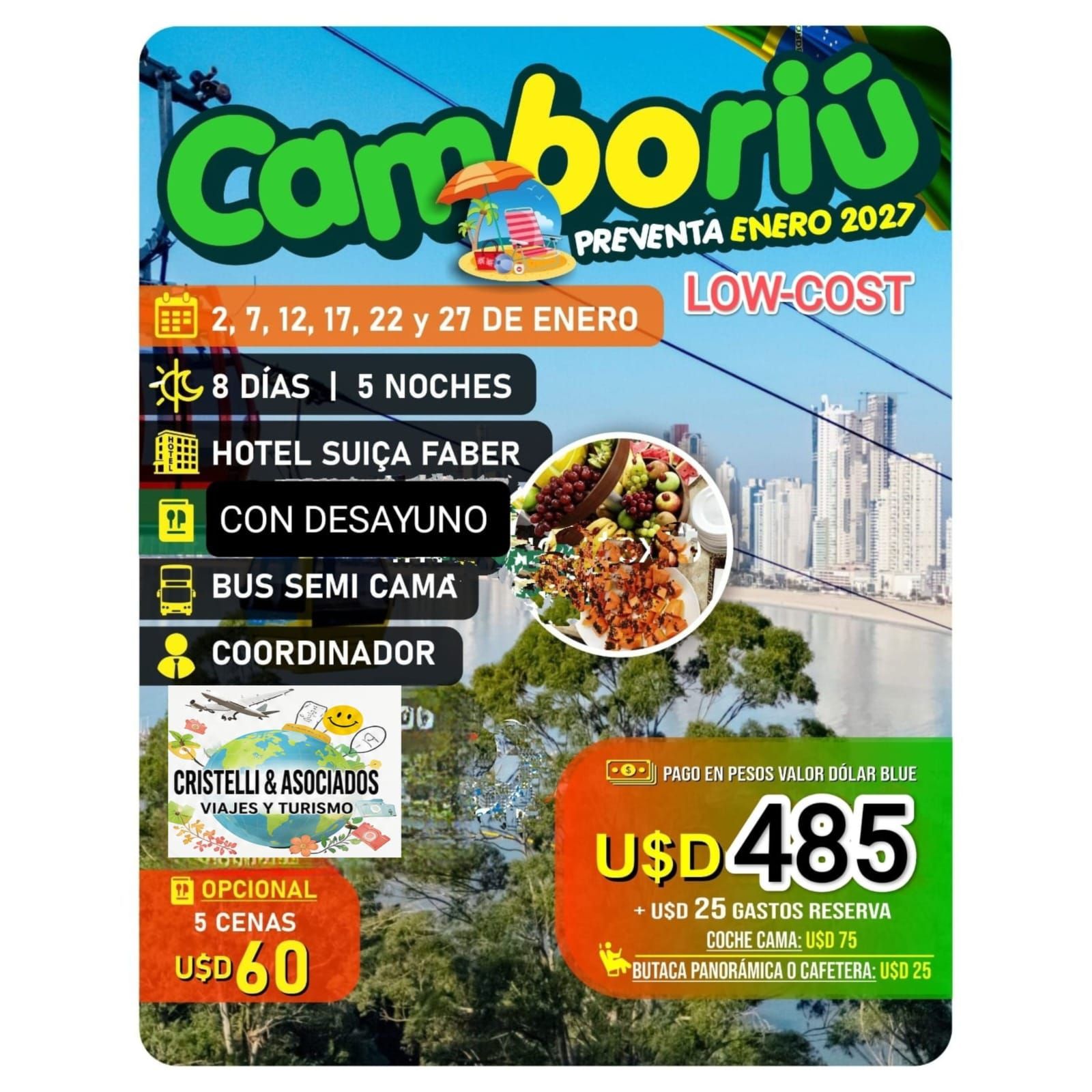 Anuncio turístico de Costa Argentina con vistas a la playa y texto que promociona viajes de verano y consultas