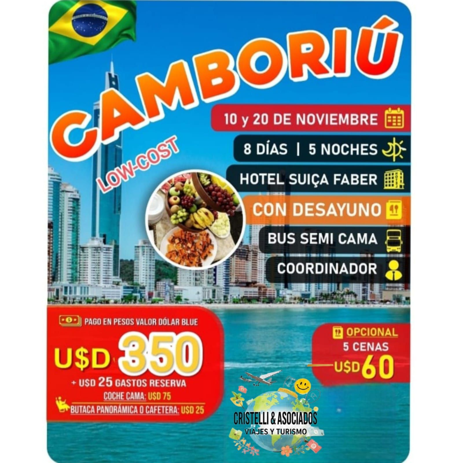 Crucero 2027 promocional con barco, destinos Caribe y Buenos Aires, y texto sobre bebidas incluidas.