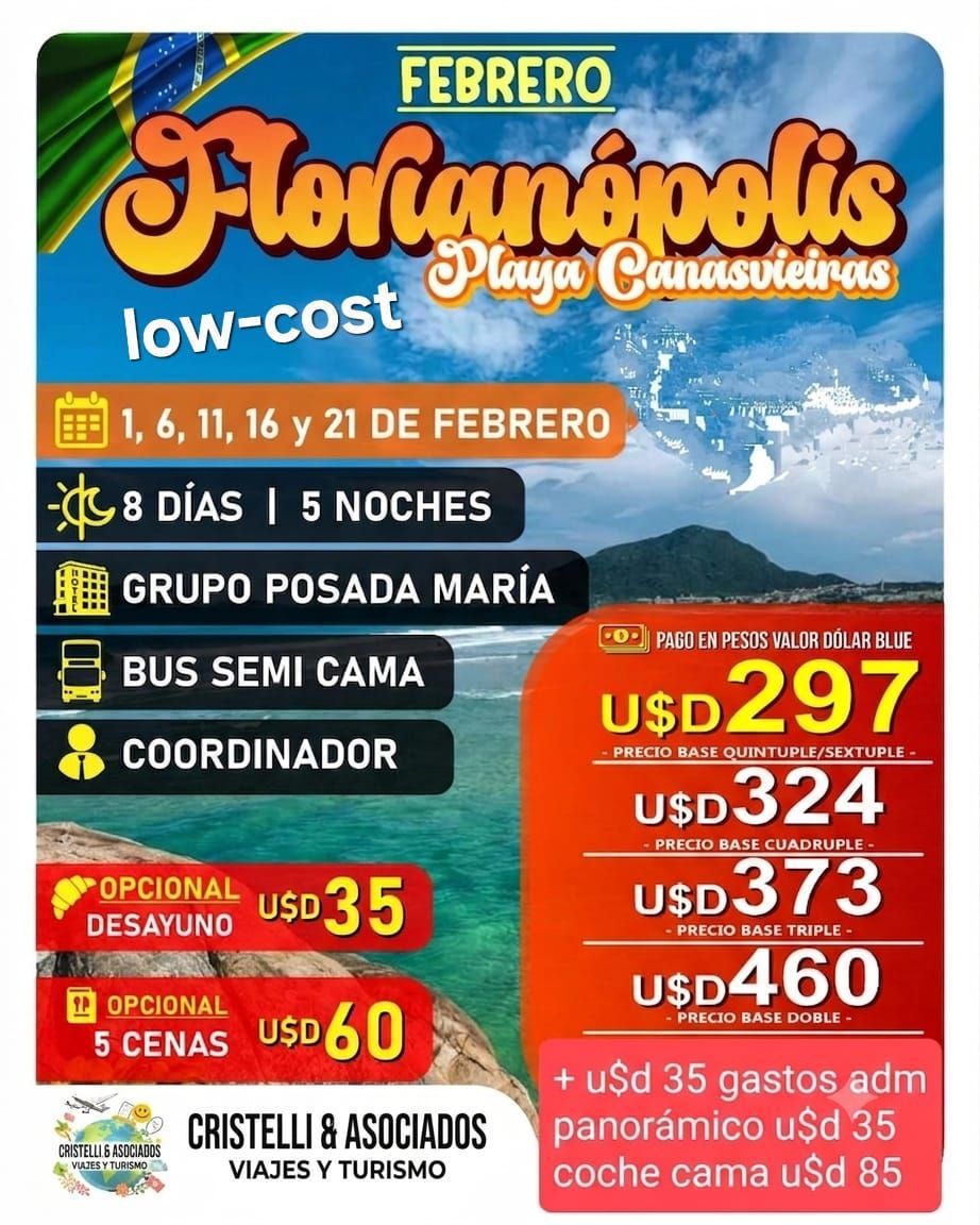 Anuncio turístico de La Rioja, Argentina, con iconos de hotel, excursiones, autobús y disponibilidad