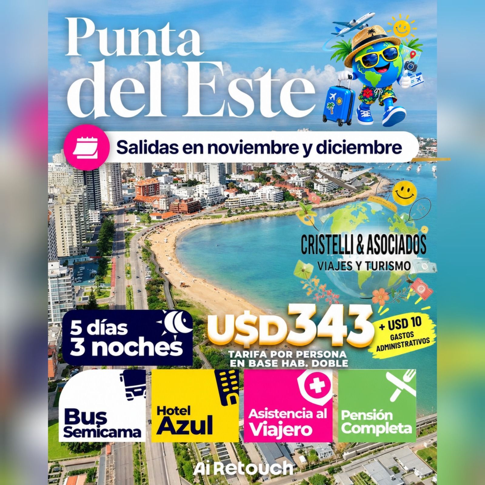 Cartel turístico turquesa de Mendoza que promociona viajes durante todo el año, con iconos e información para reservas.