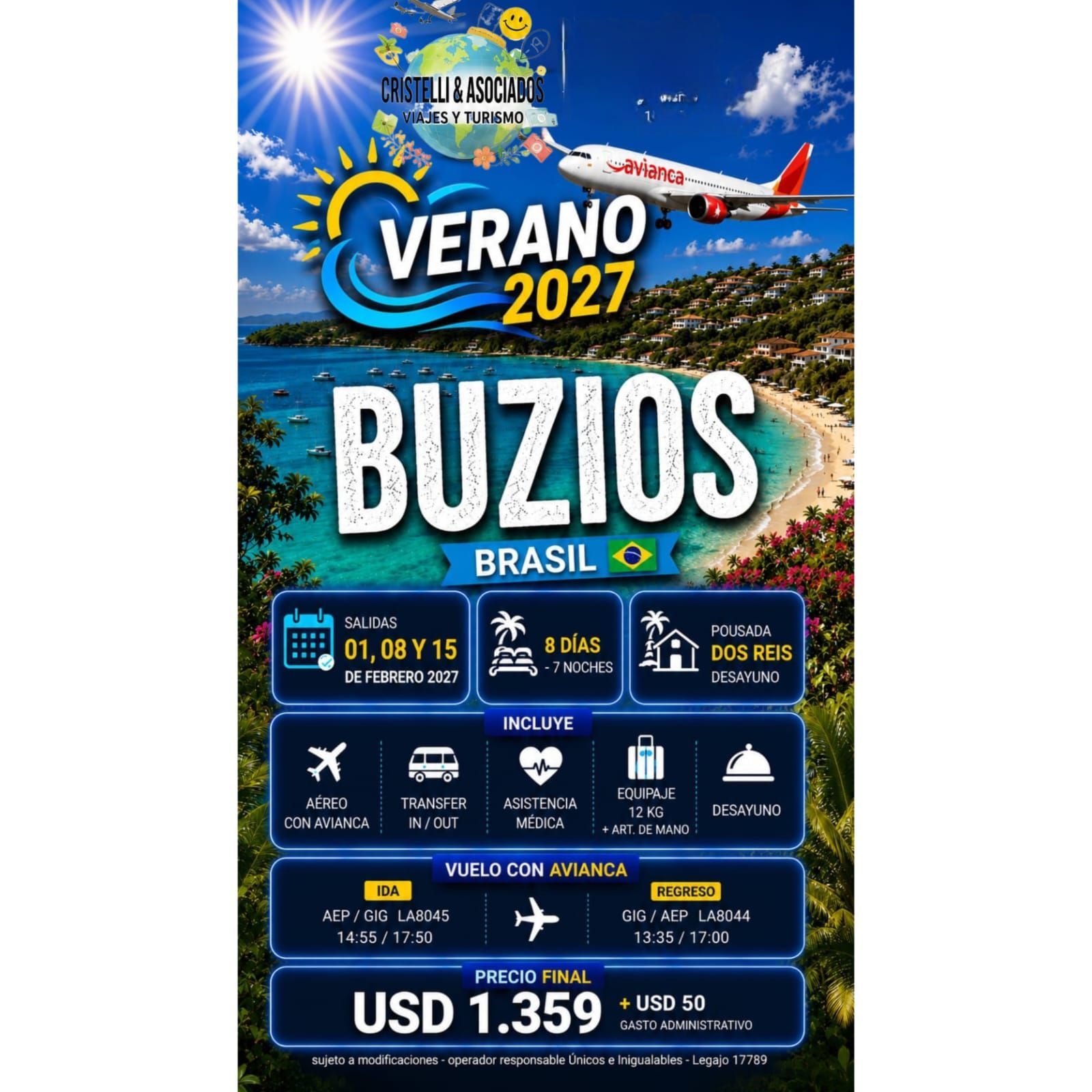 Anuncio de hotel en Búzios Brasil para Pousada dos Reis, con íconos de piscina, habitación, desayuno y amenidades