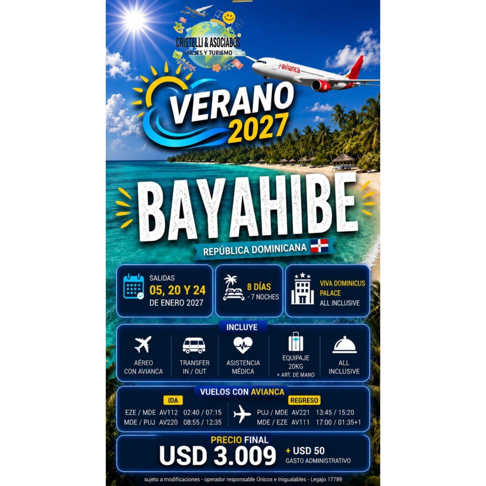 Cartel promocional de un avión Smart volando bajo un cielo azul, anunciando “Llegó el verano 2027 en aéreo” con destinos.