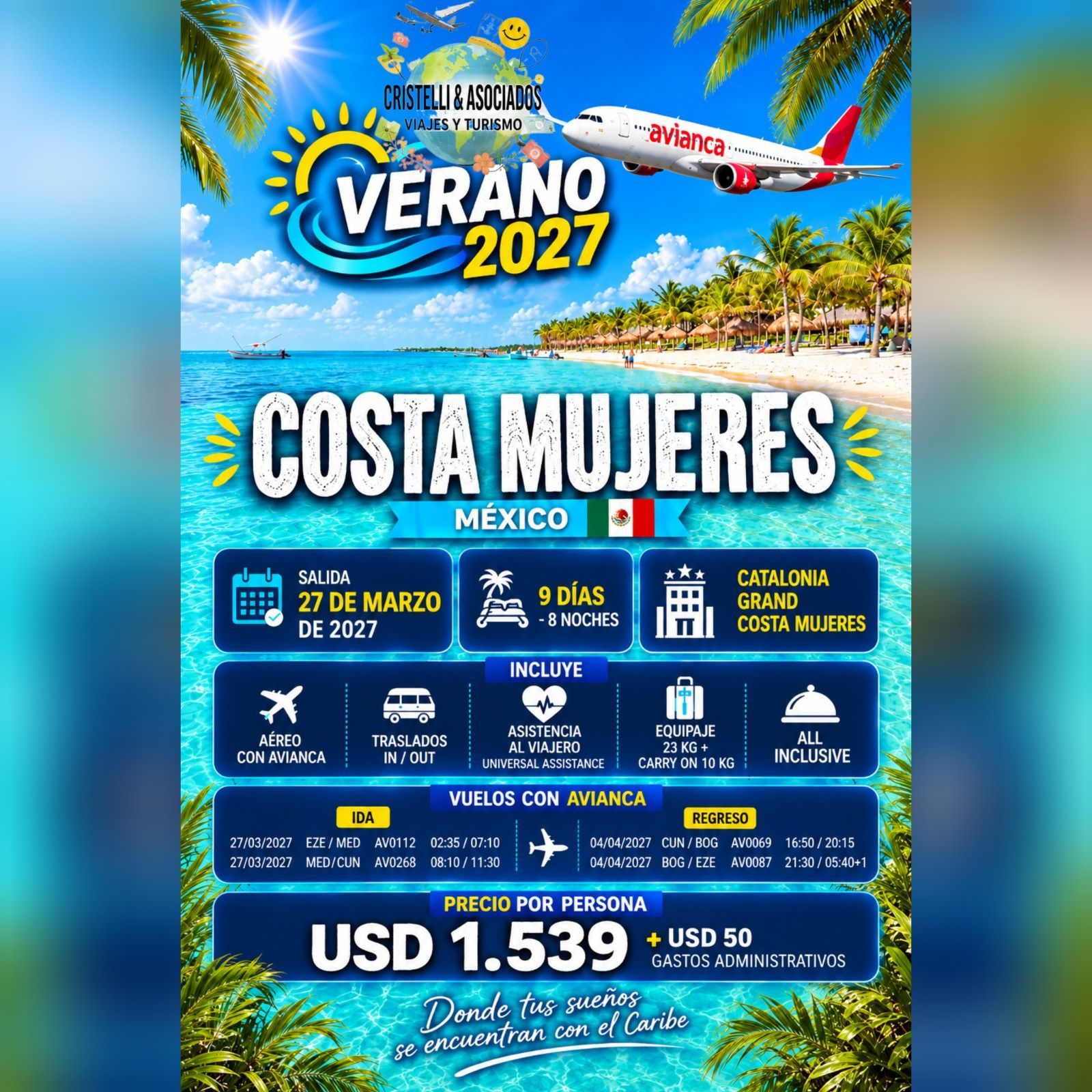Promo de viaje a Bariloche con avión, montañas nevadas y texto “Todo el año” y “Consulta disponibilidad y fechas”