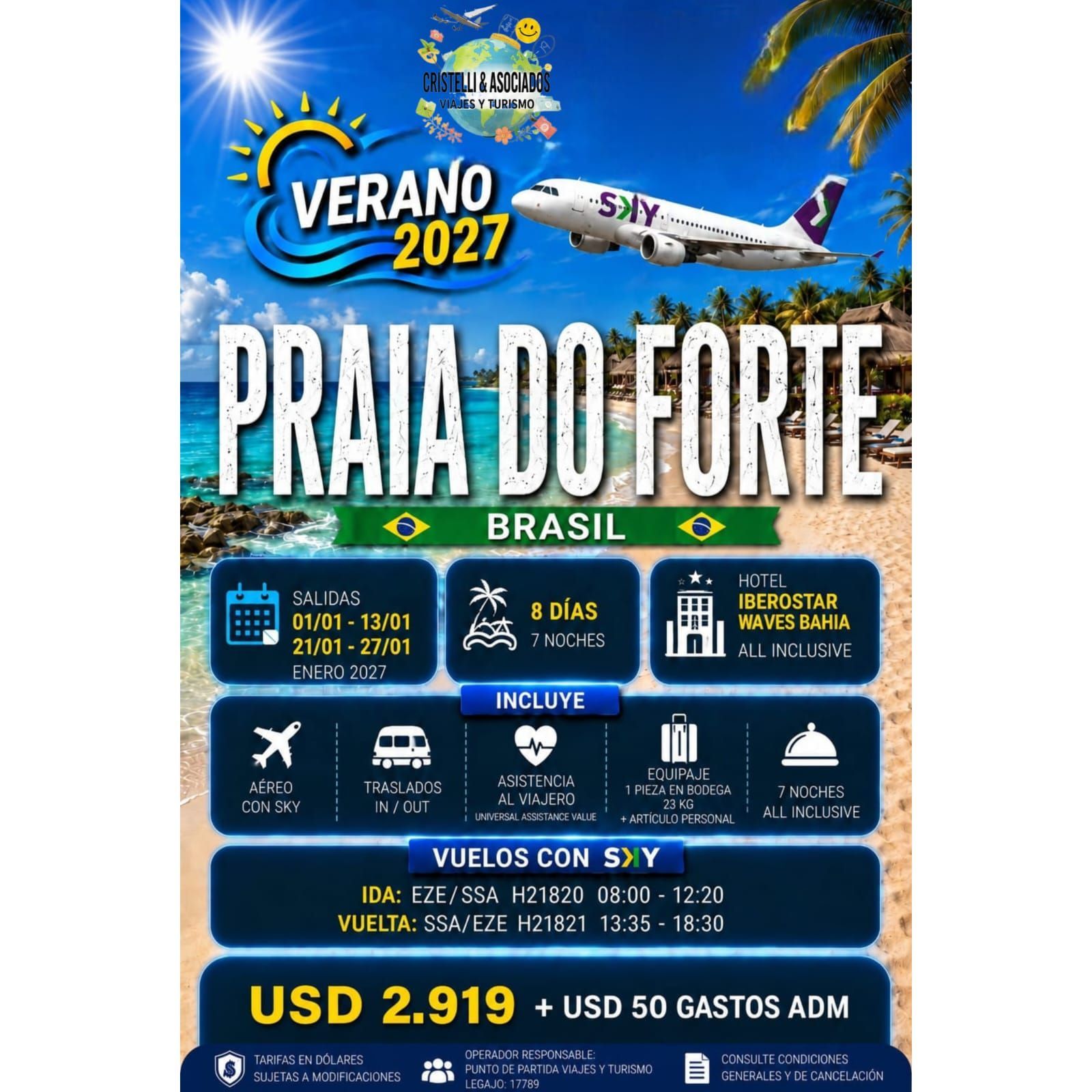 Cartel promocional de Praia do Forte, Brasil, con paisaje de playa azul y detalles de la oferta de vuelos 