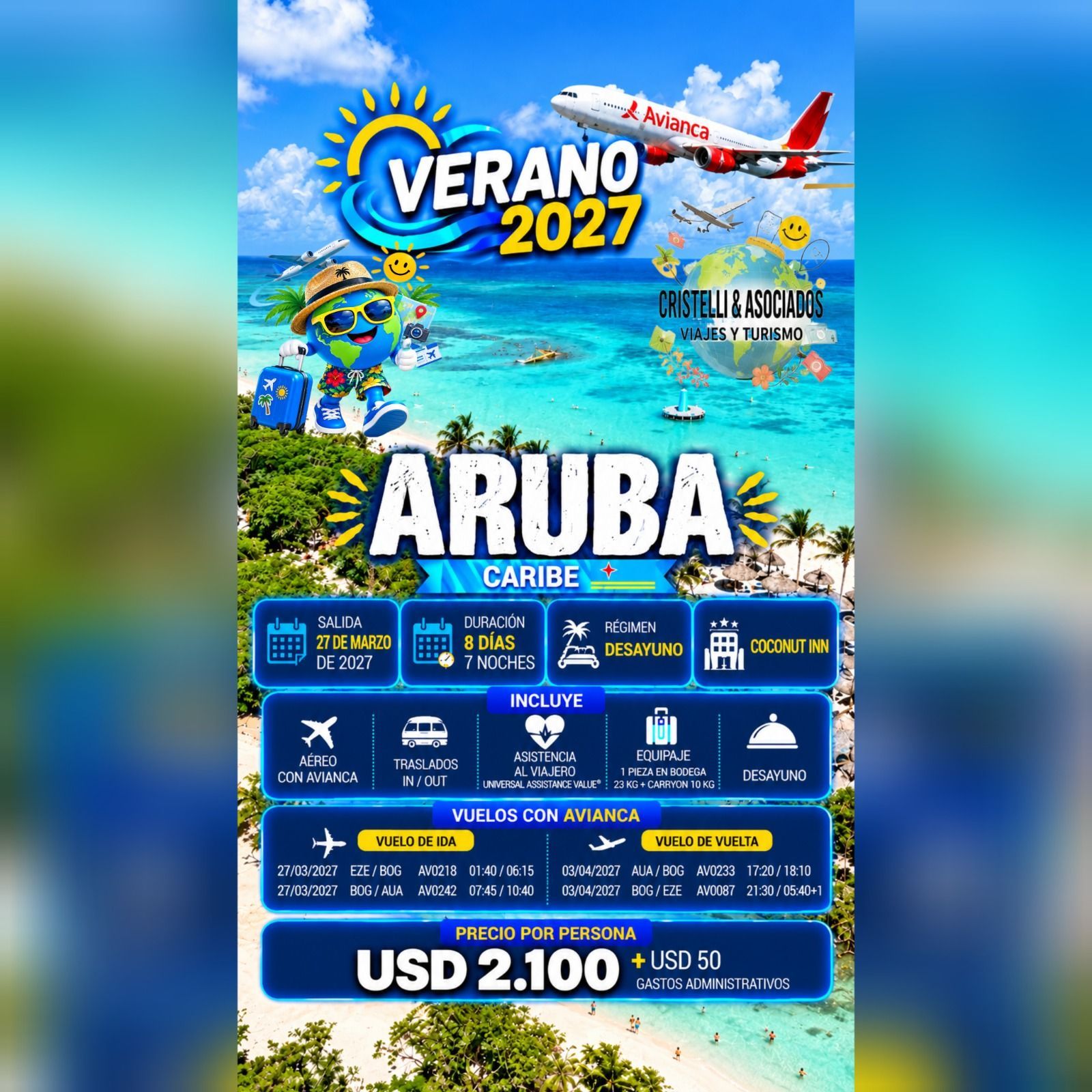 Cartel turístico a todo color de Búzios, Brasil, con imágenes de playas, barcos y paquetes turísticos.