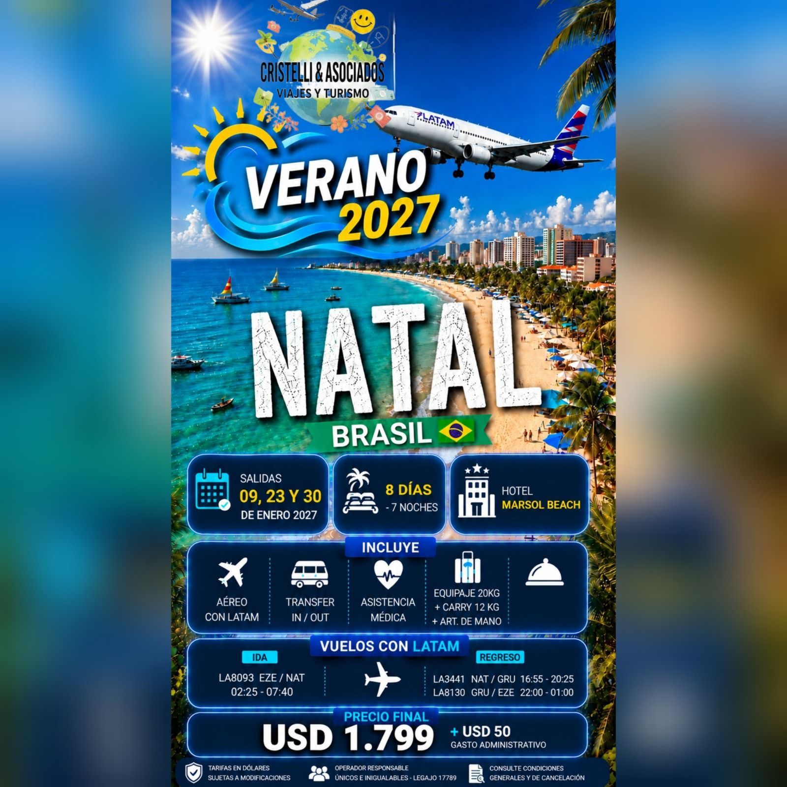 Cartel promocional de viajes en color turquesa de Cristell & Asociados con el lema 