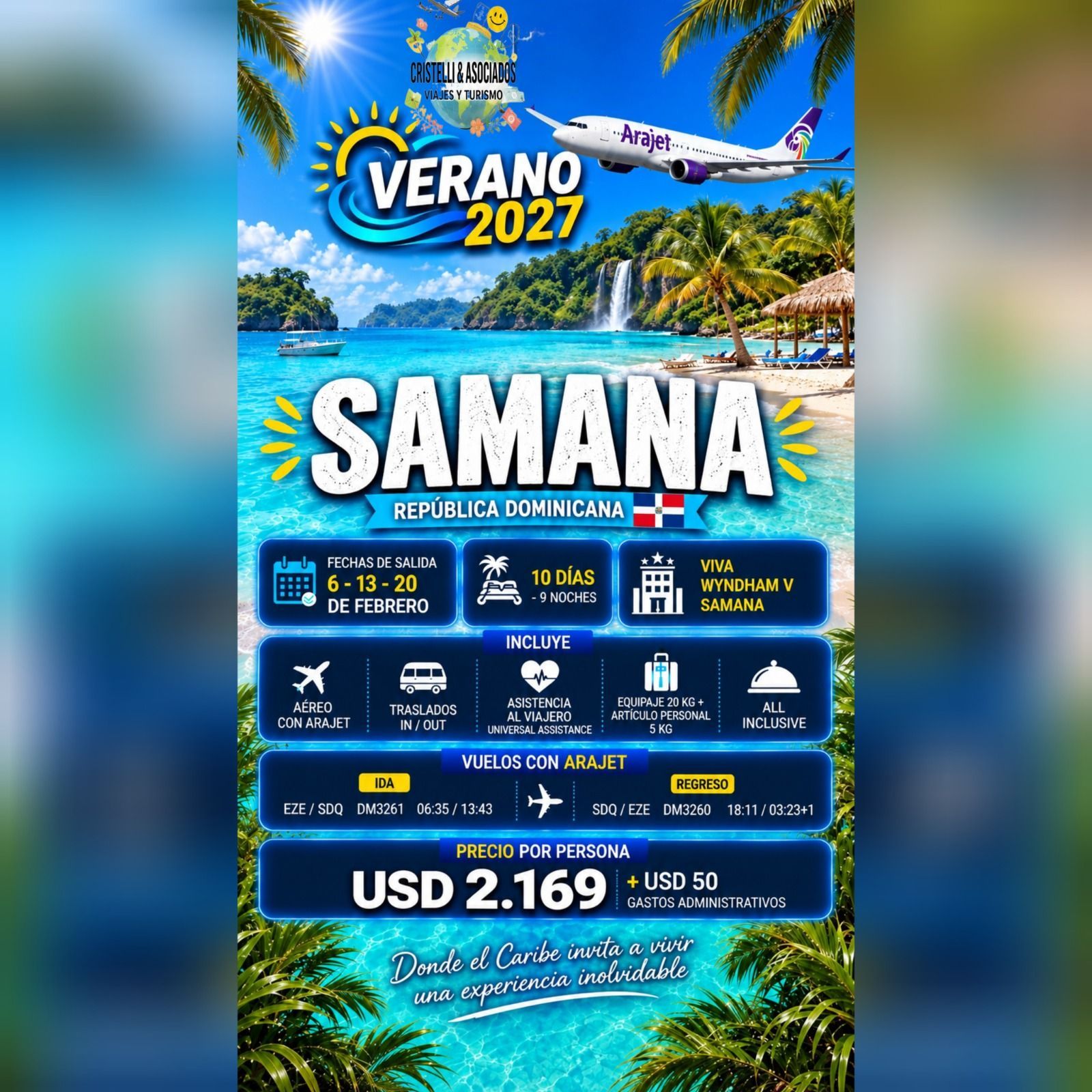 Cartel promocional para el turismo de Merlo, San Luis, con montañas, cielo azul, iconos de viaje y fechas.