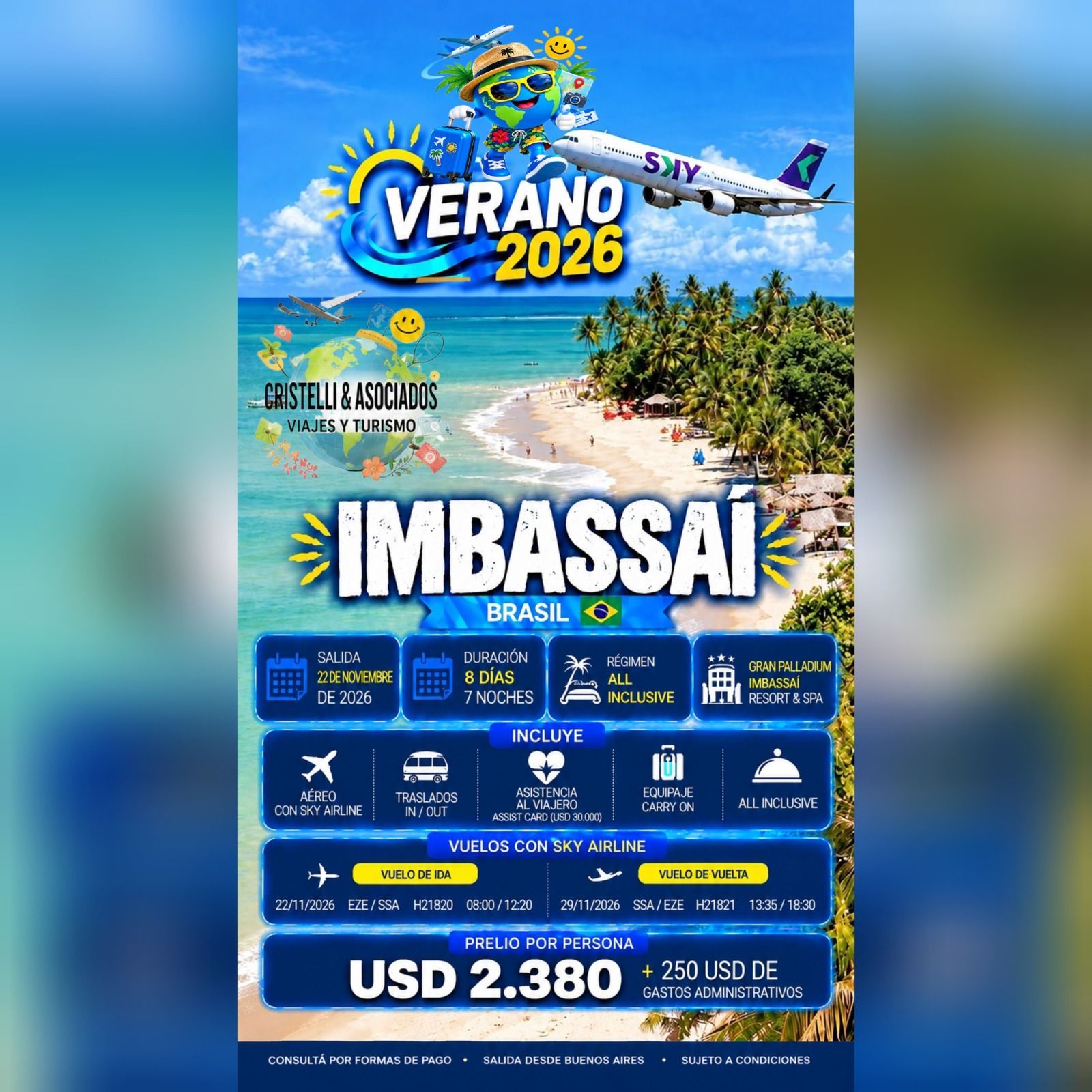 Promoción tropical: “Tenemos disponible viajes al Caribe todo el año” con playa, mar y palmeras.