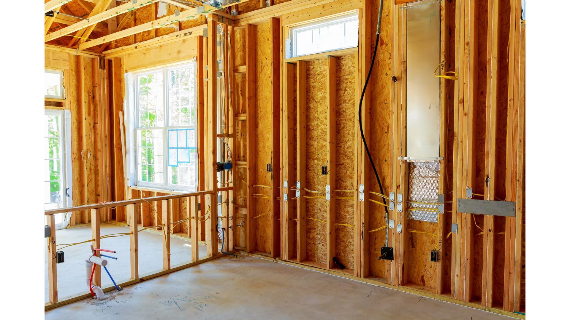 A room in a house under construction with wooden beams.