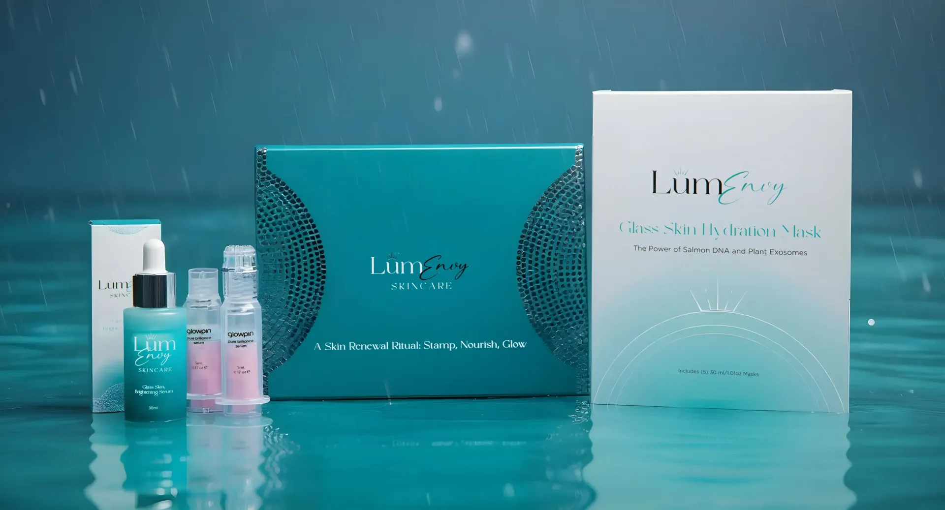 Two skincare product bottles held in hands against a neutral backdrop.