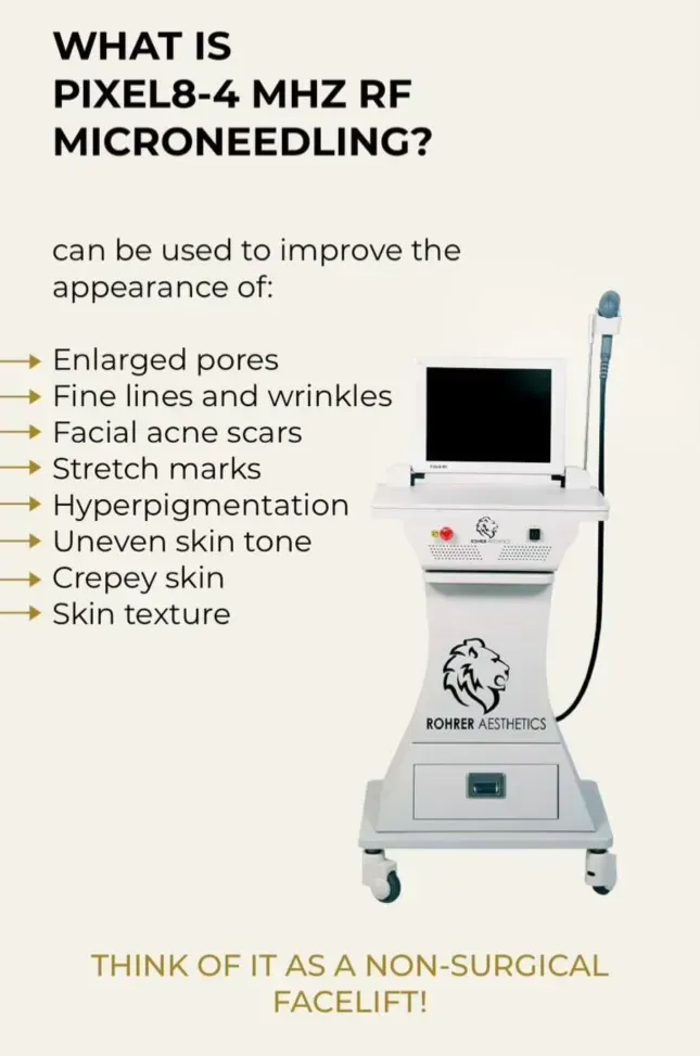Informational graphic: Pixel8-4 MHz RF microneedling machine, lists treatments for skin appearance.