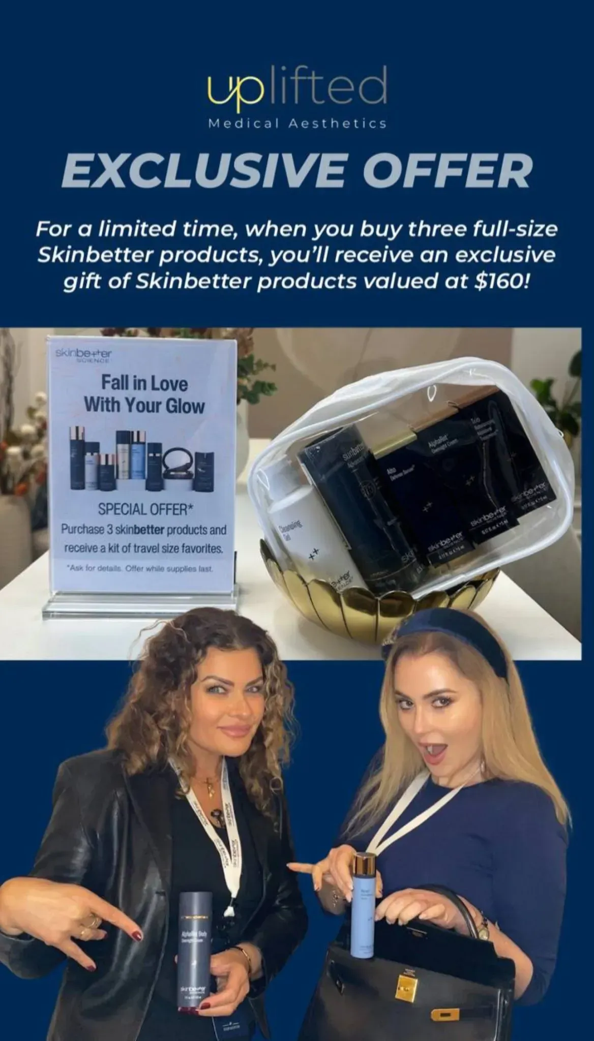 Promotion for Skinbetter products: Two women holding products, offering a gift valued at $300.